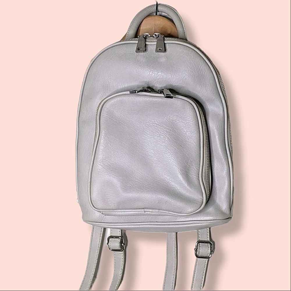 INC International Concepts Pale Gray Vegan Leather Double Pocket Small Backpack